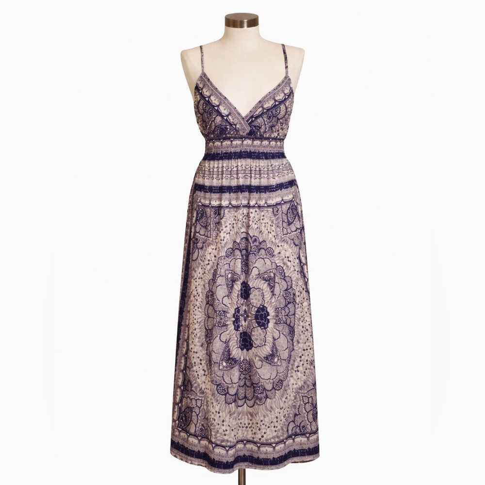 She’s Cool Boho Maxi Dress Small Blue White Print Spaghetti Strap Empire Waist